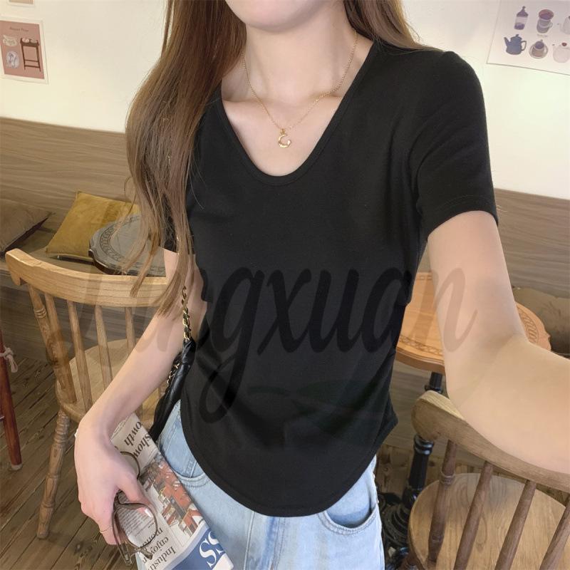 Spring/Summer Korean Style Slimming V-Neck Pleated Short Sleeve T-Shirt M