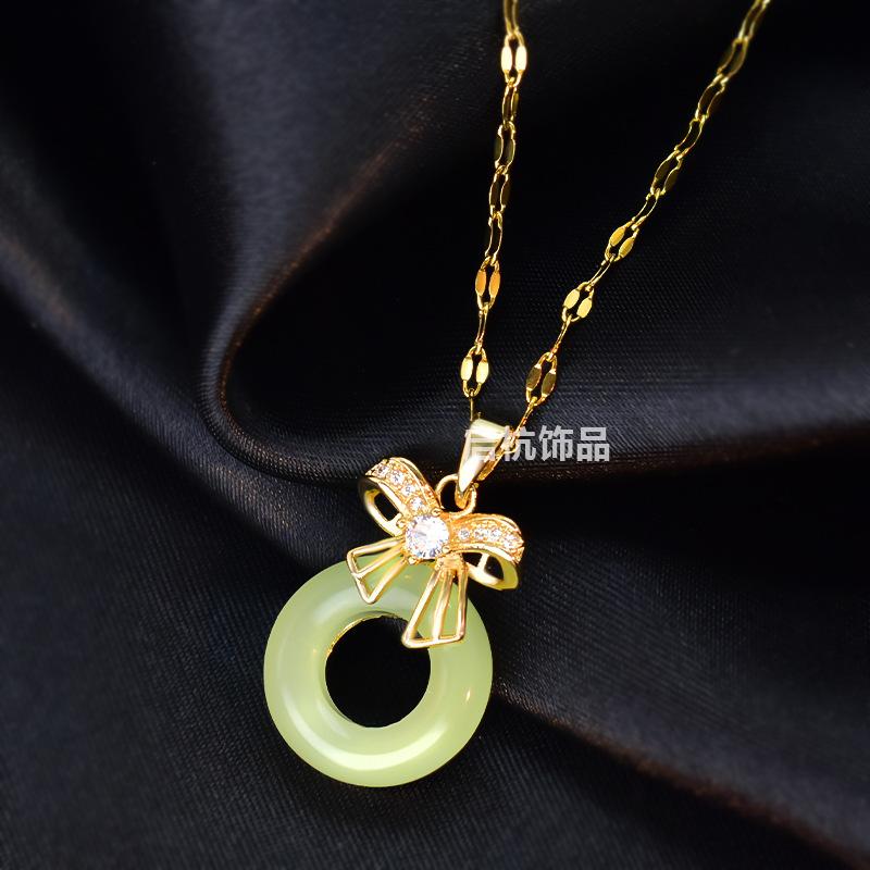 

Hetian Jade Safety Buckle Necklace Women S Retro Ethnic Style Versatile Slightly Inlaid Bow Pendant Neck Chain