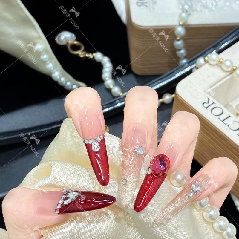 Wine Red Elegant French Design Luxury Long Wearable Nails