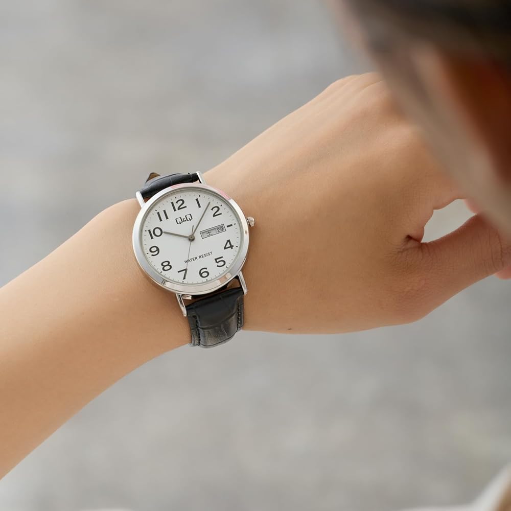Citizen Q&Q Analog Waterproof Watch Date Day Leather Strap A202-304 Men's White