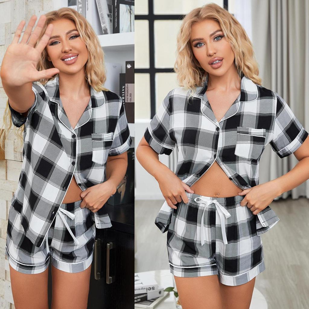 Women’s Sleep Lounge Wear Shirt and Short Pants 2 Pieces Sleeping Suit Leopard Plaid Pajamas Summer Home Casual Night Clothing Set