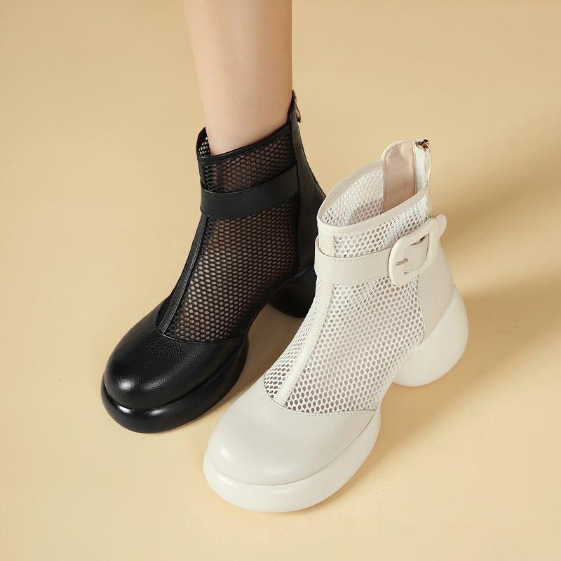 Real soft leather mesh short boots thick-soled hollow women's shoes 2025 new boots thin breathable soft-soled mesh boots A15
