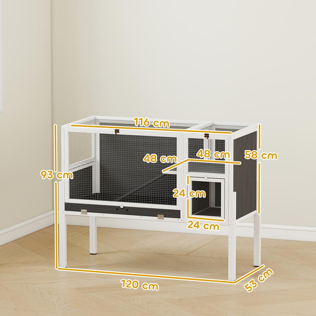 Small Animal Hutch for Dwarf Hamsters, Rabbits, Guinea Pigs, with Accessories, Elevated Design, Wood, Metal, Grey