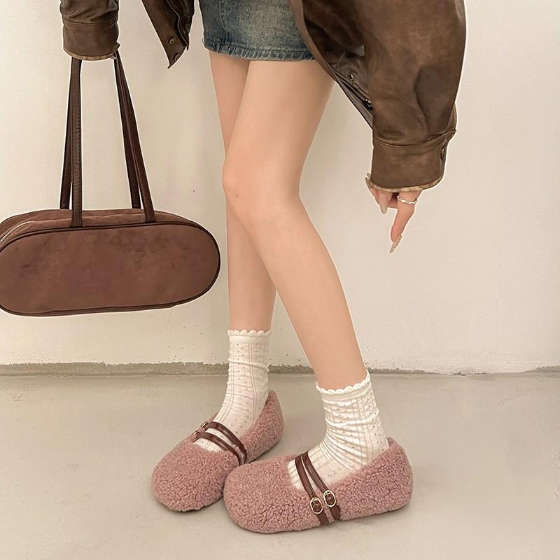 Fashion Autumn Winter Women Fur Flats Shoes Concise Comfort Street Style Soft Sole Female Dress Short Plush Mary Jane Shoes