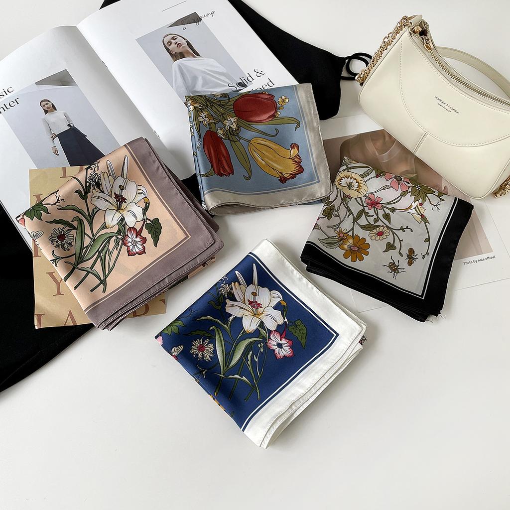 National Style Flower Printing Silk Scarf Retro National Style 70Cm Simulated Silk Square Scarf Scarf With Decorative Scarf