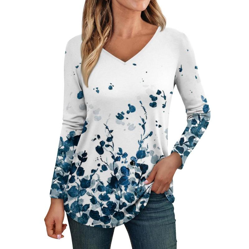 Damen Langarmshirts V-Ausschnitt Casual Blumendruck Basic Trendy T-Shirt Blusen Herbst Tunika Outfits Taillierte T-Shirts Damen