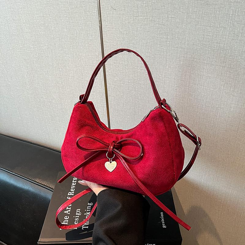 Vintage Bow Candy Color Women Suede Shoulder Bags Simple Lightweight Ladies Crossbody Bag Portable Girls Handbags Purse