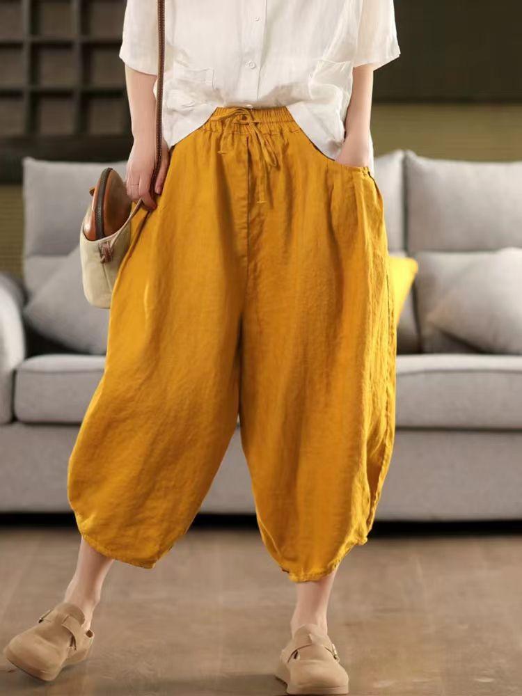 Johnature Women Harem Pants Elastic Waist Pockets Belt Trousers Summer Solid Color Loose Female Calf Length Pants