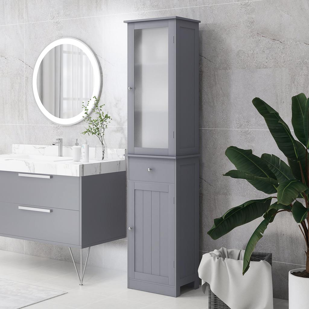 Mobiletto da Bagno con Ripiano a 3 Piani, Cassetto, Ante, Mobile Basso Autoportante Alto Sottile Organizzatore Laterale, Grigio