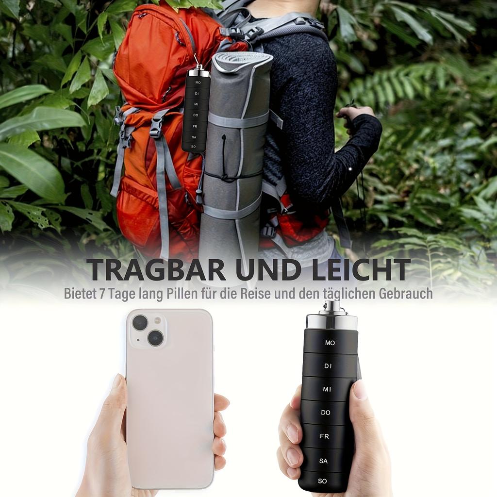 [German printing]Metal Travel Pill Organizer, Portable 7 Day Vitamin Organizer Stackable, Waterproof 1 Times A Day Pill Box