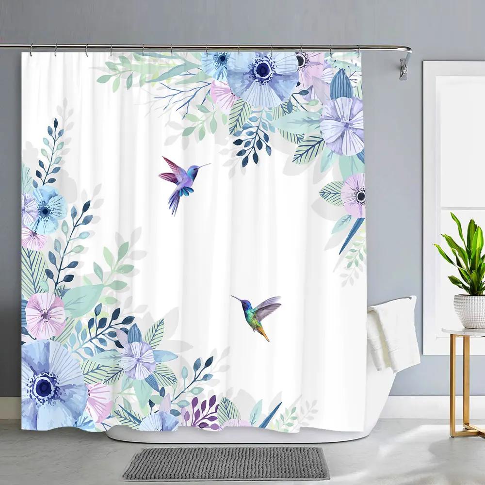 Spring Floral Hummingbird Shower Curtain for Bathroom Watercolor Flower Bird Modern Decor Machine Shower Curtains Bathroom Decor