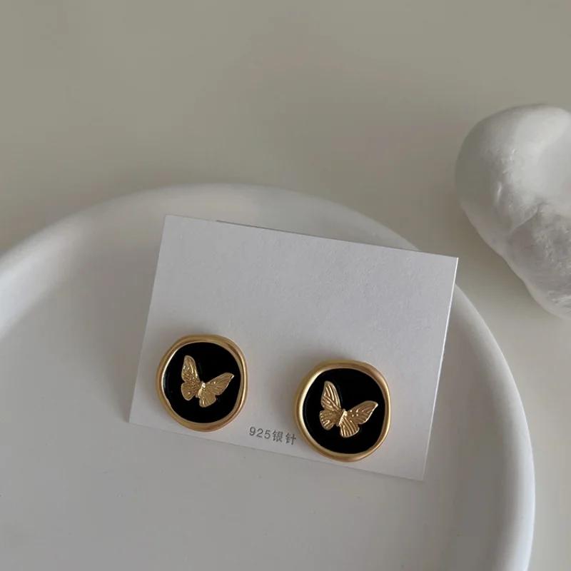 Matte Gold Butterfly Wing Drop Earrings With Black Enamel Irregular Round Statement Jewelry Gift For Women