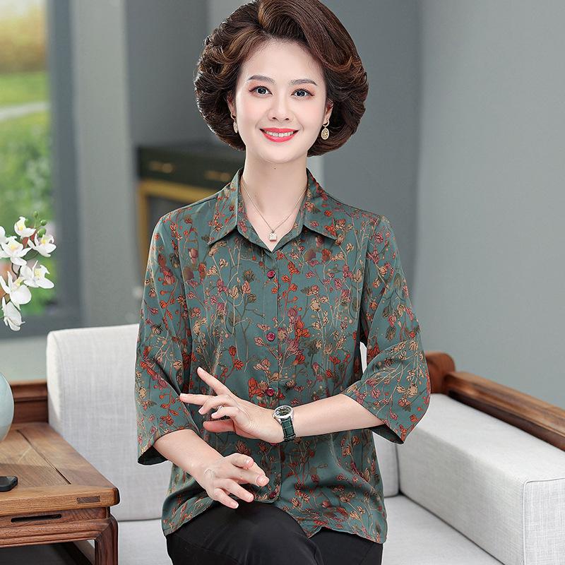 Mom's Spring & Autumn Long-Sleeve Mulberry Silk Shirt for Stylish Middle-Aged & Elderly Women