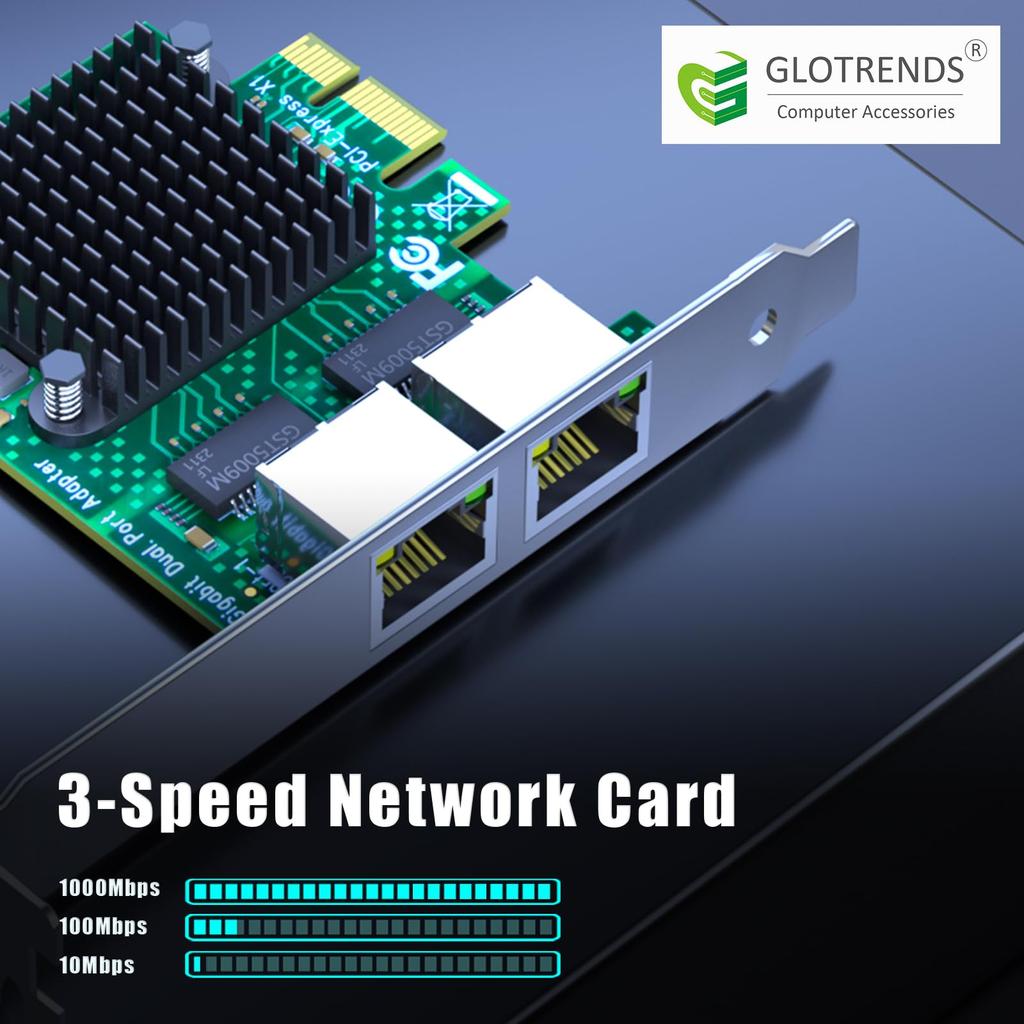 GLOTRENDS LE8202 LAN Card, 2 Ports, 100010010Mbps NIC, RJ45 LAN Port (PCI-Express X1 Connection)