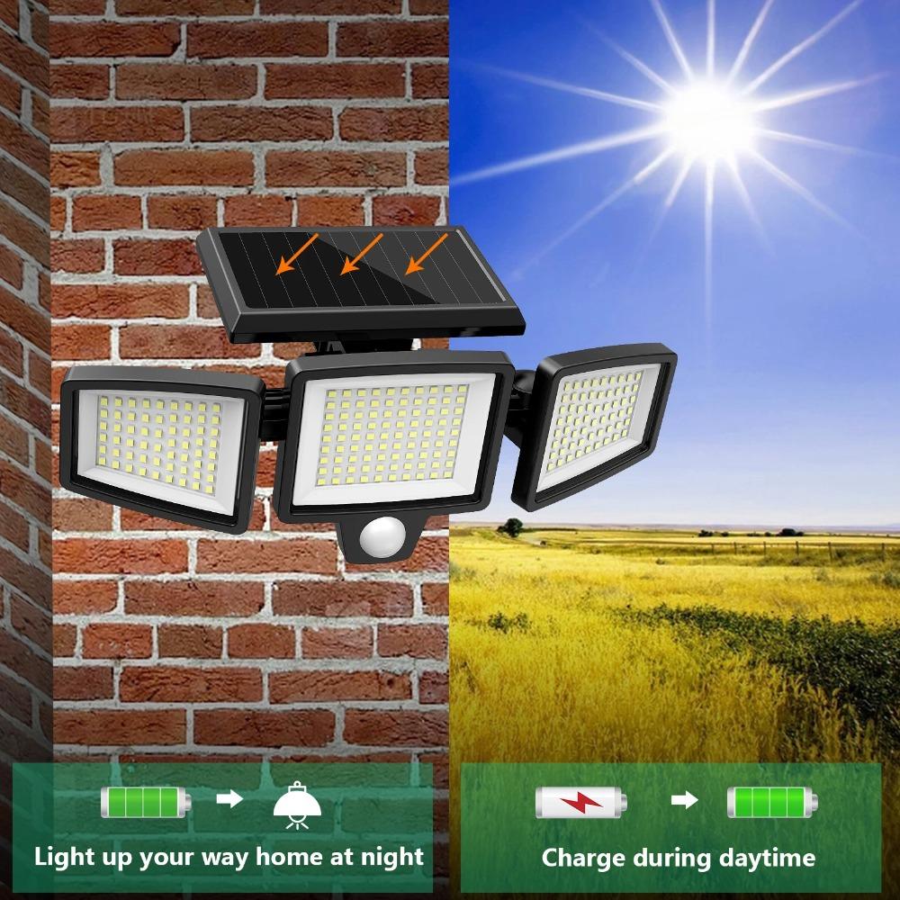 208LED Solar Outdoor Lights Security Lights with Remote Control 3 Heads Motion Sensor IP65 3 Modes Waterproof Flood Wall Lights