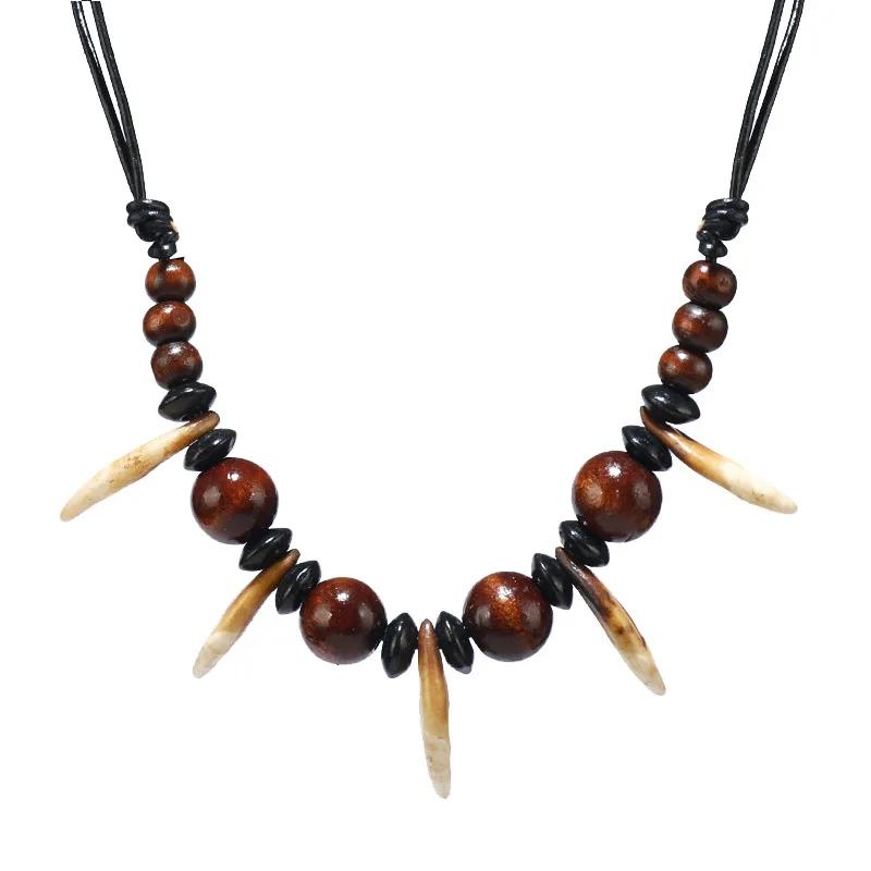 Ethnic Style Wood Bead Wolf Tooth Pendant Necklace Men's and Women's Retro Personality Hip Hop Rock Punk Jewelry Accessories