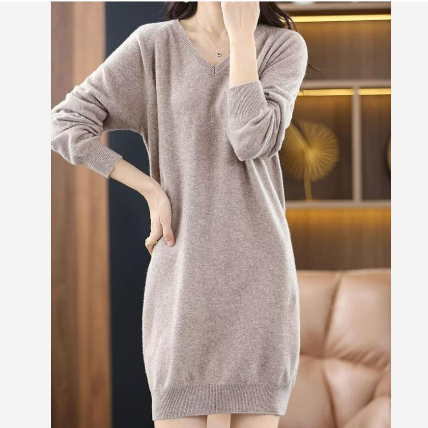 Fat Girl Lengthened Size Solid Color Sweater Casual All-match Autumn and Winter V-neck Hip Straight Skirt