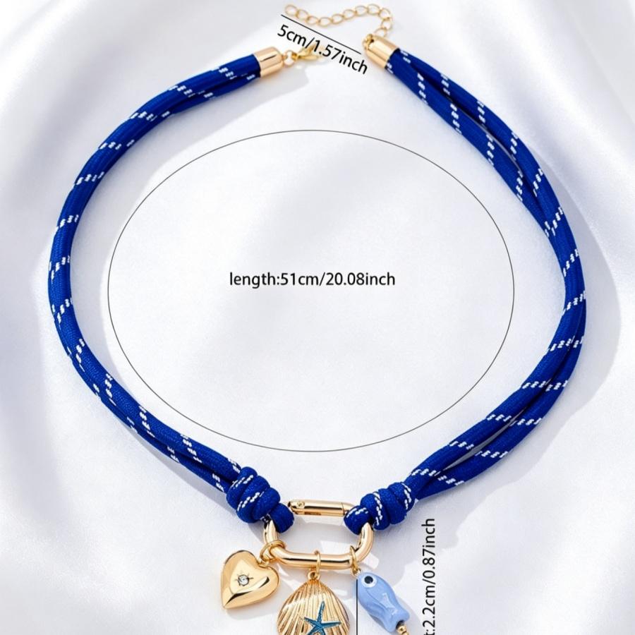 Boho Ocean Braided Cord Necklace - Blue Enamel Starfish & Seahorse Pendant Choker Summer Beach Y2K Jewelry For Women