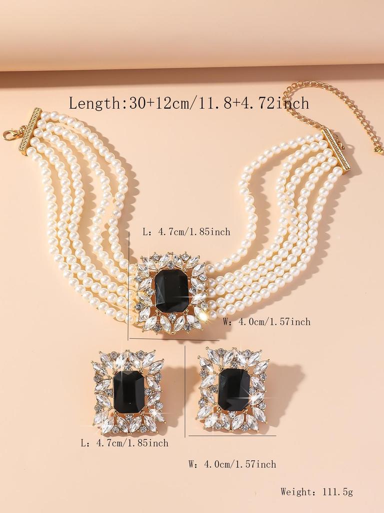Set di Collana e Orecchini Geometrici in Perle Finte Multistrato e Cristalli Colorati di Lusso Europeo