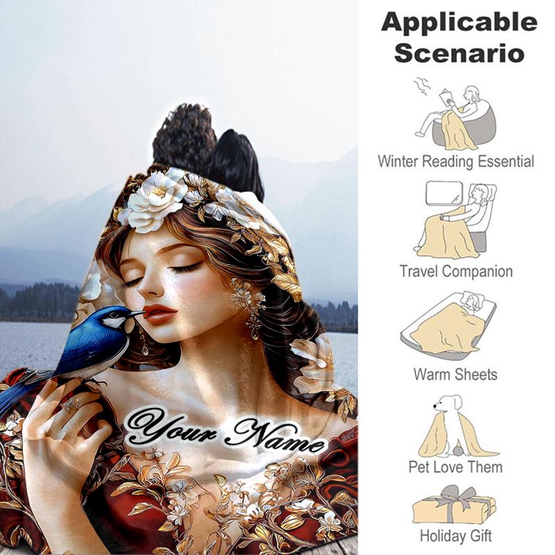 1PC Custom Name Floral Fantasy Bird Flannel Blanket Versatile,all-season Throw Suitable for the Living Room,bedroom,camping,travel,and Gift