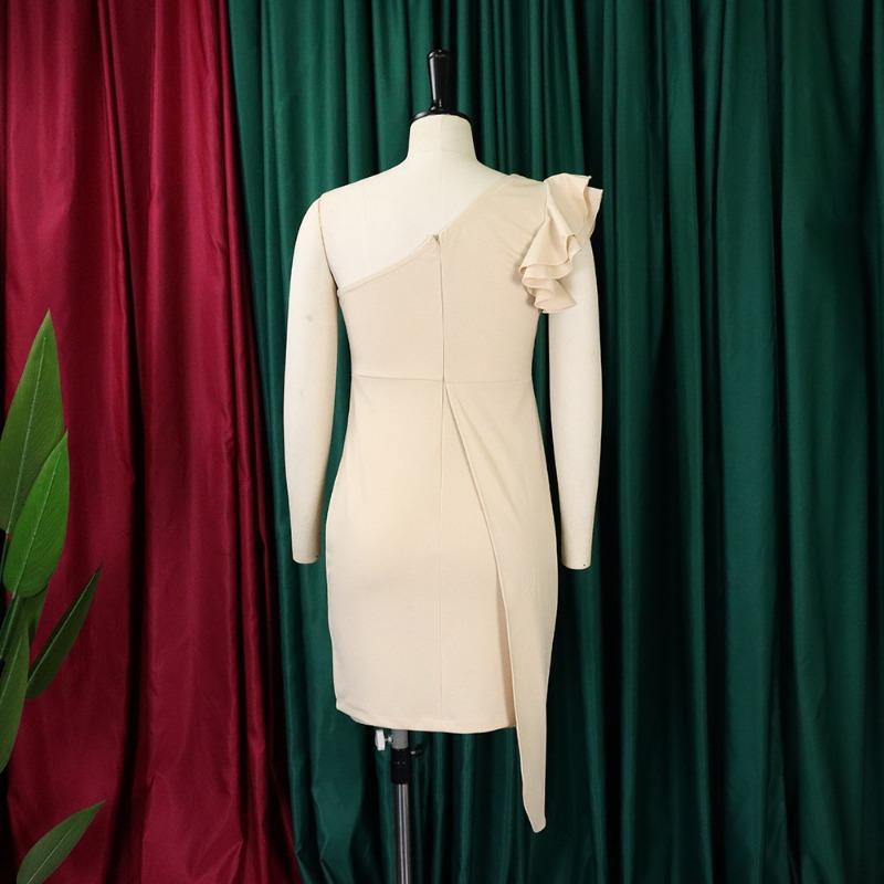 Large size women's clothing fashion temperament elegant and thin slanted shoulder ruffle edge hip wrap large size dress