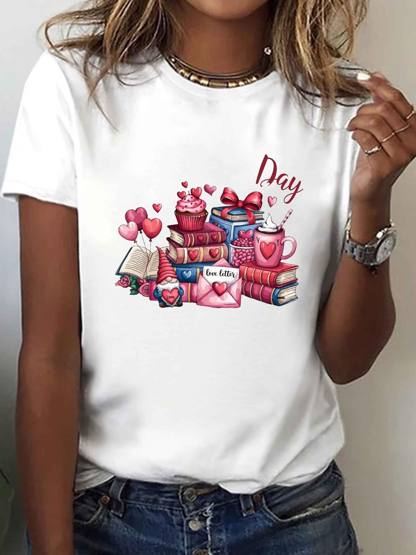 

Женская футболка на День святого Валентина европейского размера с принтом в виде сердца, торта и книги - Повседневная блузка с коротким рукавом и круглым вырезом, весна-лето S белый