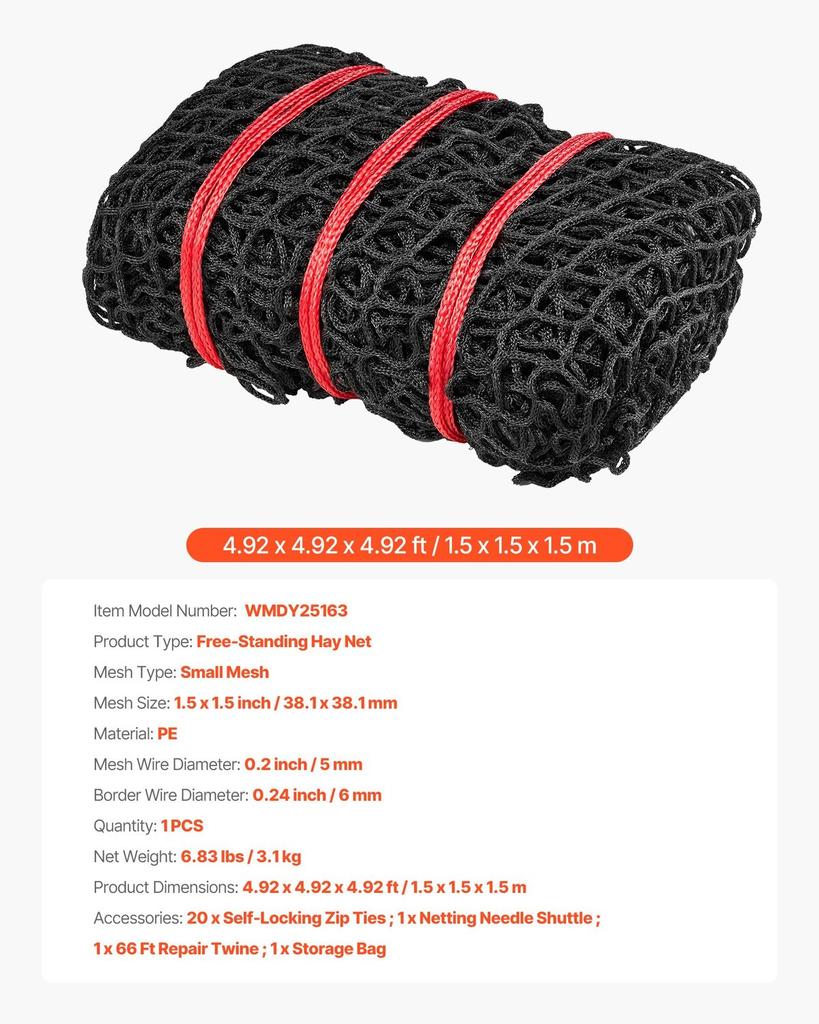 Round Bale Hay Net, 1.5 X 1.5 X 1.5 M, 38.1 X 38.1 Mm Holes, PE Material, Knotless Design, with Zip Ties, Needle Shuttle, Repair Twine and Storage