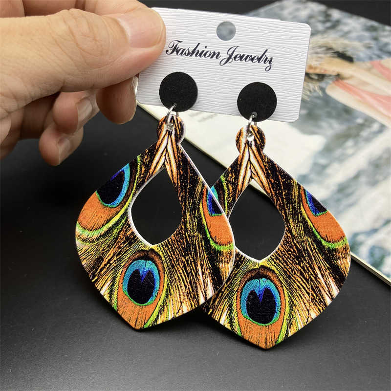 Bohemian Peacock Feather Long Earrings Wooden Earrings Retro Ethnic Style