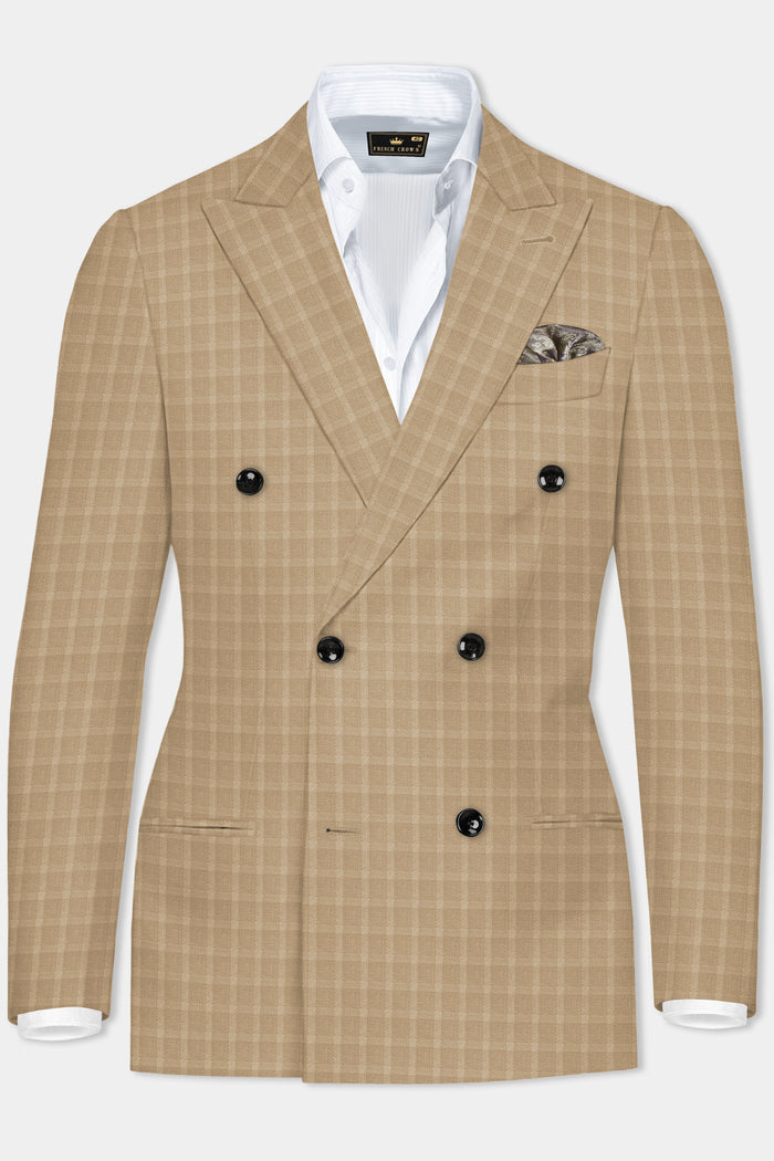 Шерстяной двубортный блейзер в клетку Stone Brown 38