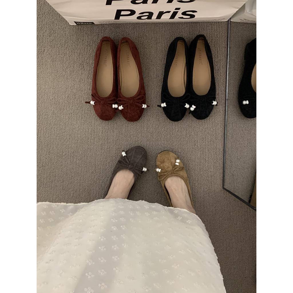 French Retro Suede Ballet Single Shoes Women's 2025 Autumn New Korean Version One-word Strap Flat Mary Jane Women's Shoes
