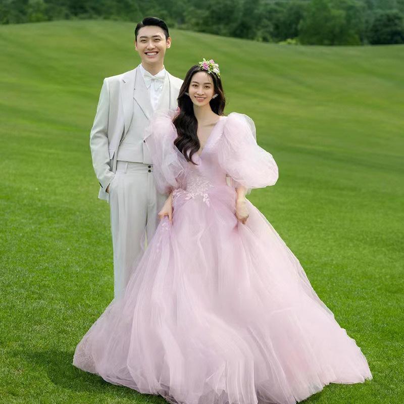 Temperament pink wedding dress 2025 new clothing long light wedding dress