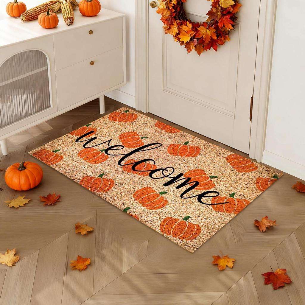 Door Mat Non-Slip Pumpkin Home Decor Washable Welcome Doormat Outdoor Entrance Rug for Indoor Bedroom Bathroom Living Room