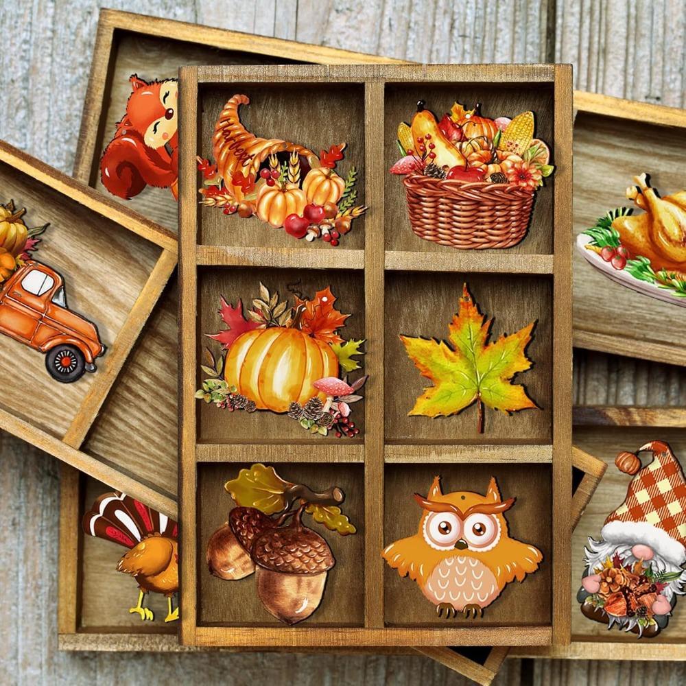 12pcs Thanksgiving Fall Wooden Hanging Ornaments Turkey Owl Squirrel Pumpkin Maple Leaf Wood Cutouts Tree Door Window Home Decor
