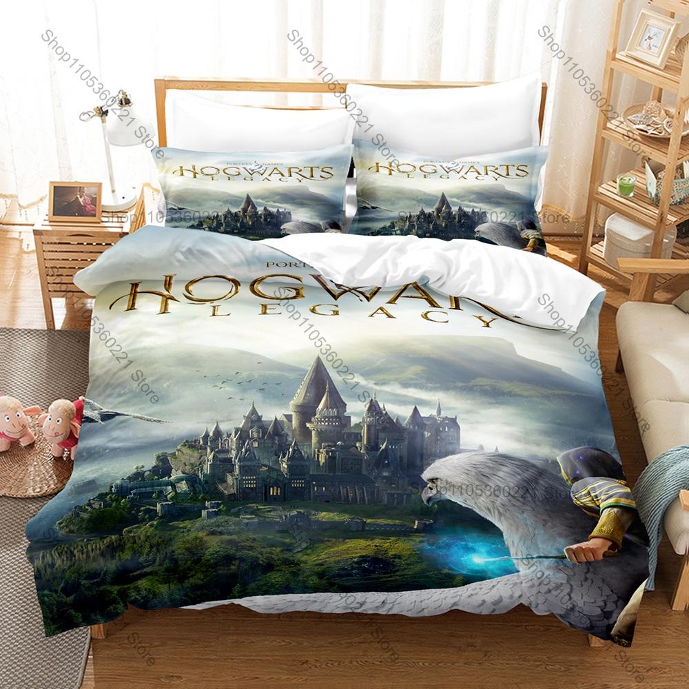 Hogwarts Legacy Beddengoed Dekbedovertrek + 2 Kussenslopen Tovenaar Open Wereld Spel Hogwarts Kasteel Magisch Bos Slaapkamer Decoratie AU Single 140*210cm/55x83in 3pcs