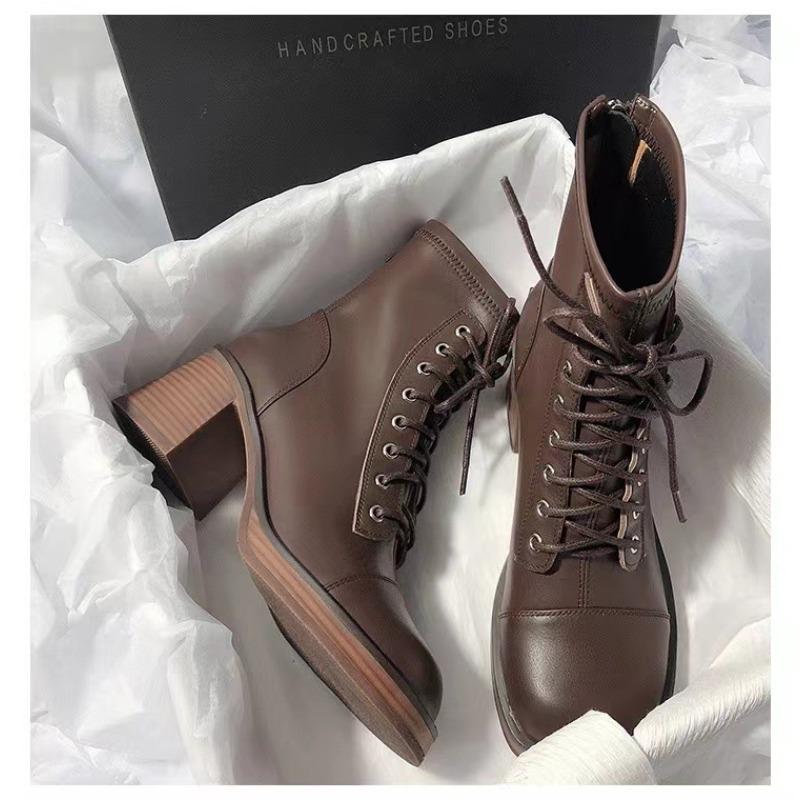 Comemore Platform Ankle Boots for Women Autumn Back Zipper Lace Up Shoes Woman Chunky Heels Leather Short Botas Mujer