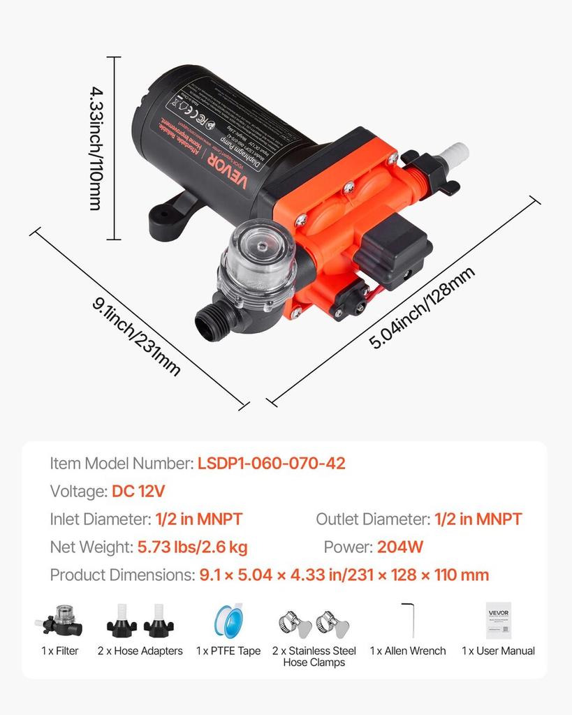 RV Water Pump, 12V DC 6 GPM (22.7 L/min), 4-Chamber Self-Priming Diaphragm Water Pump with Automatic Pressure Switch, 70 PSI Max Pressure, On Demand