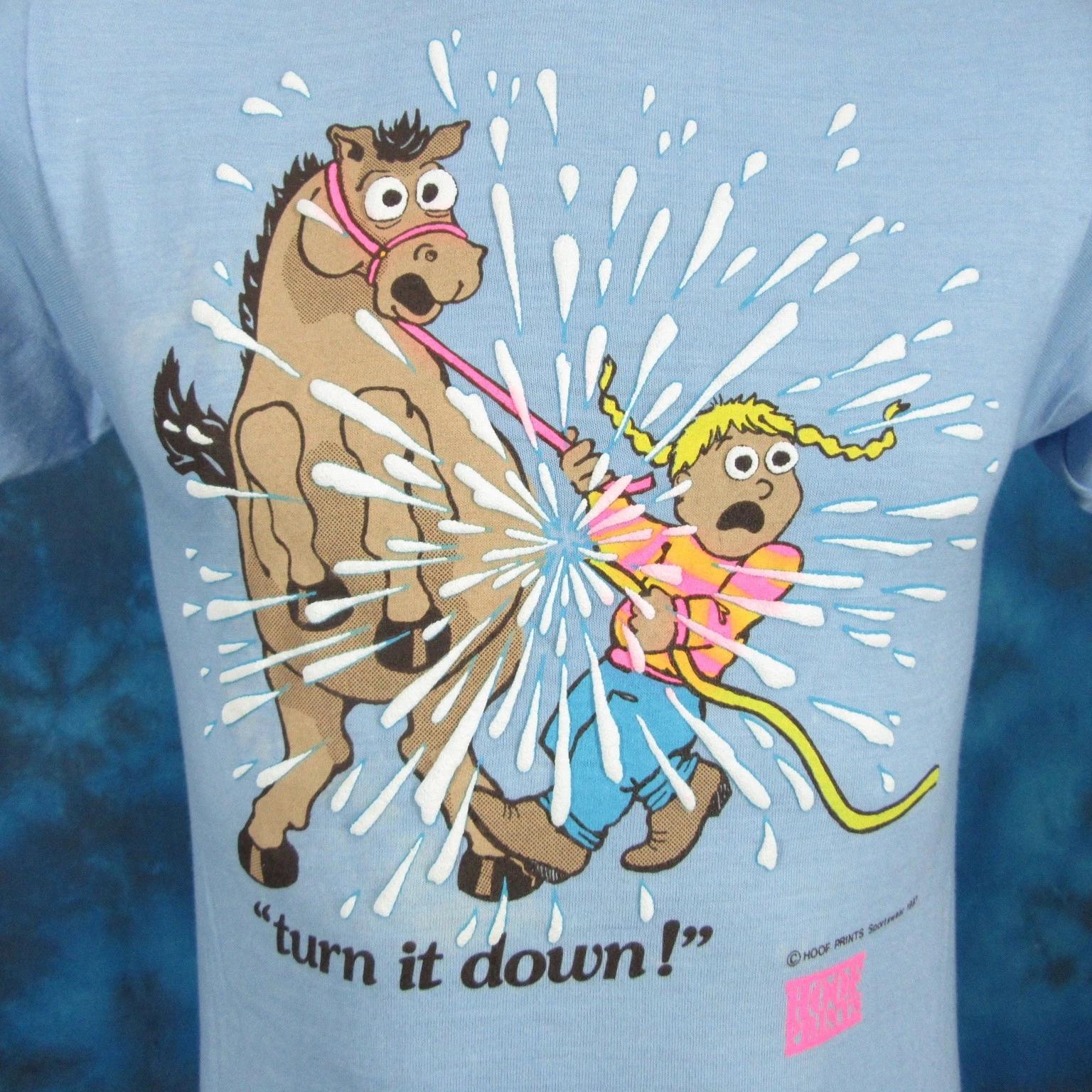 NOS vintage 80s HORSE CARTOON TURN IT DOWN! PAPER THIN T-Shirt XS hose cowboy 2XL