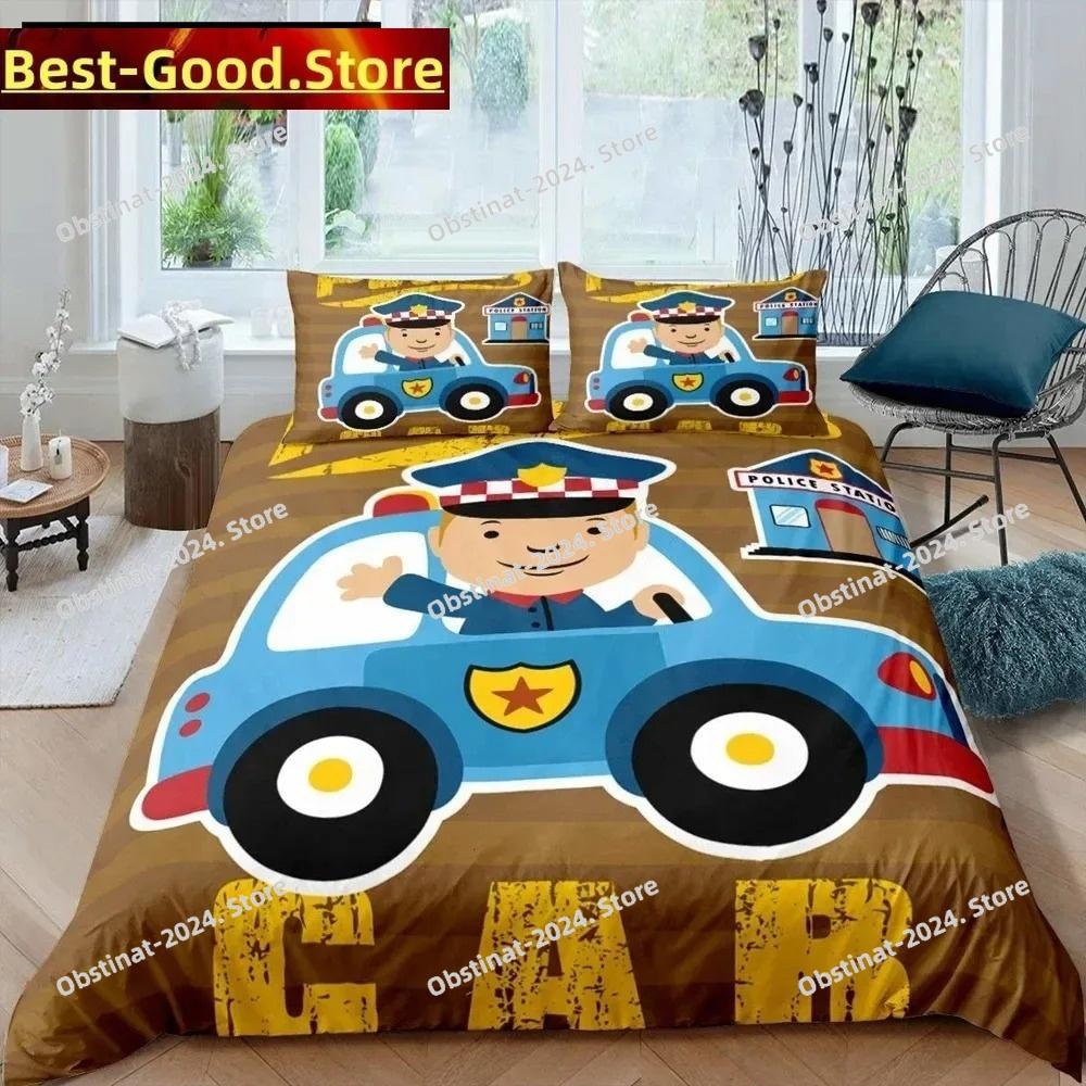 Copripiumino King Queen Auto della Polizia Set Biancheria da Letto Auto Cartone Animato Bambini Ragazzi Blu Grigio Veicoli di Emergenza Copripiumino in Poliestere