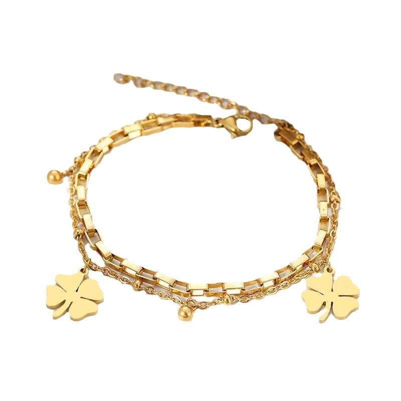 Women's Fashion DIY Double layer Stainless Steel Four Leaf Flower Bracelet Zircon Suitable for Date, Party, Festival Gifts
