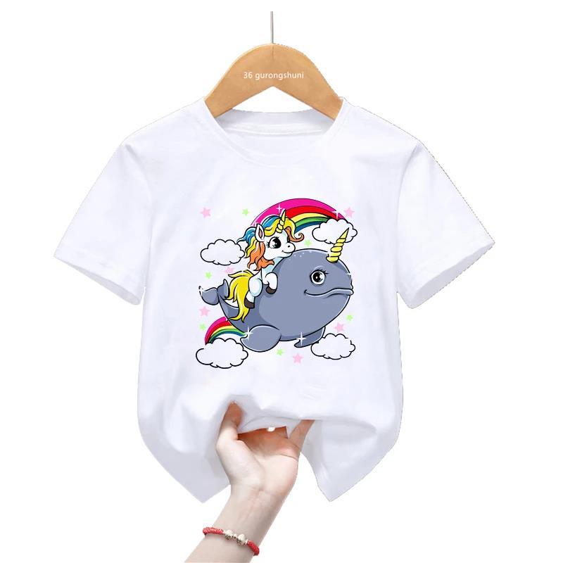 Summer Collection Watercolor Narwhal Print Tshirt for GirlsBoys Rainbow Kids Boys and Girl Clothes TOPS Fashion Modal Fabric