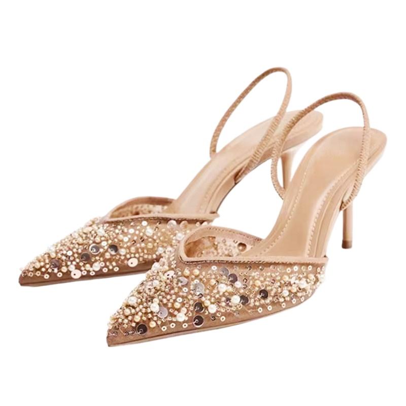 Luxury Bling String Bead Mesh High Heels Women Sexy Pointy Toe Breathable Heeled Sandals Elegant Slingbacks Women Pumps