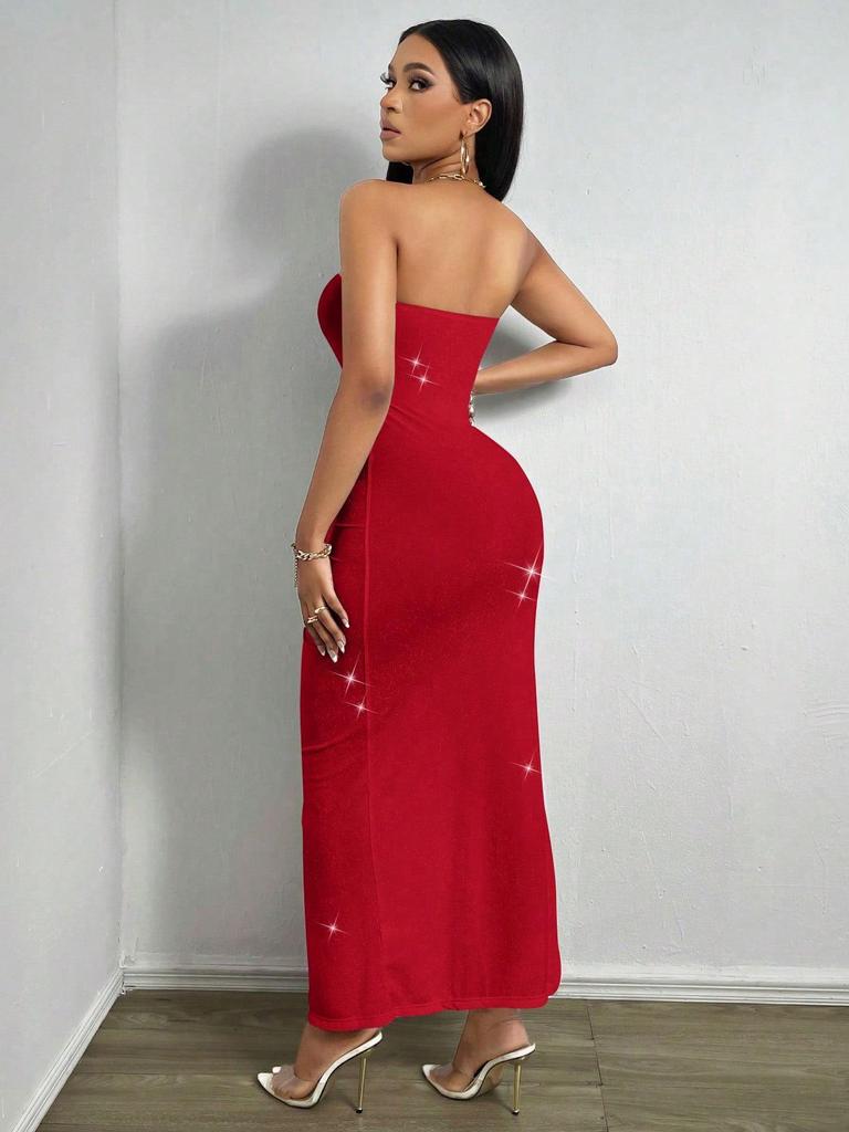Vestido Ajustado Sexy de Verano 2026 Estilo Europeo con Abertura, Huecos y sin Tirantes