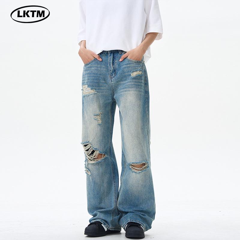 

LKTM American High Street Unisex Wide-Leg Ripped Jeans - Casual Breathable Long Pants S (95-110 lbs) синій