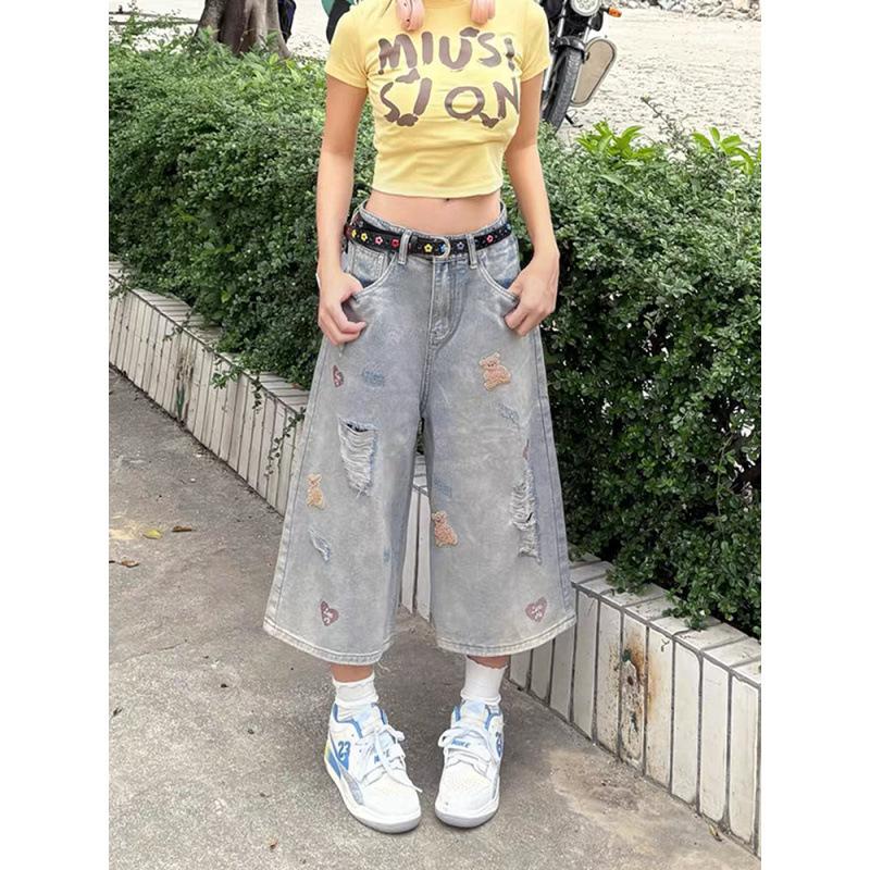 JYL Women s Cropped Jeans Ripped Bear Embroidered Summer Loose Plus-Size Denim Pants M бездна