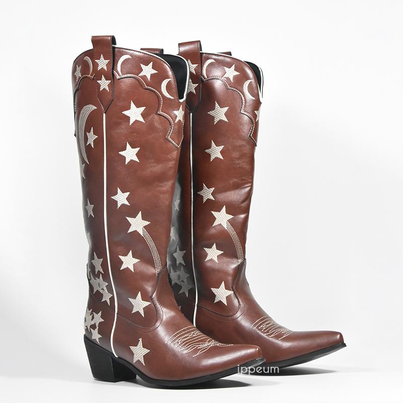 

Модные IPPEUM Белые ковбойские сапоги Звезда Западные сапоги до колена для женщин Большой размер 43 Ковбойские винтажные вышитые Ботты Ковбойские женские US 11 (26.5CM) коричневый