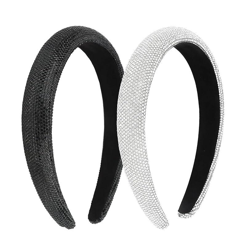 2 Pack Rhinestone Headbands for Women, Crystal Head Bands for Women s Hair Glitter Fashion Headbands, Sparkly Jeweled Headbands Hair Accessories for Black and Silver
