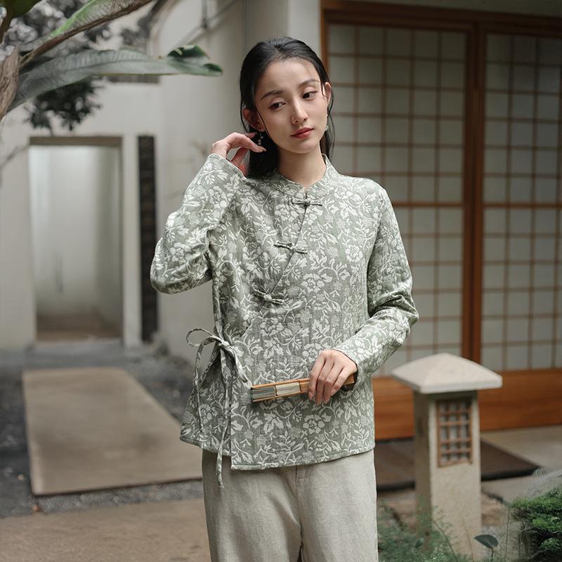 Deer and Andi 2026 Spring Women's Retro Printed Chinese-Style Oblique Lapel Tie-Up Top