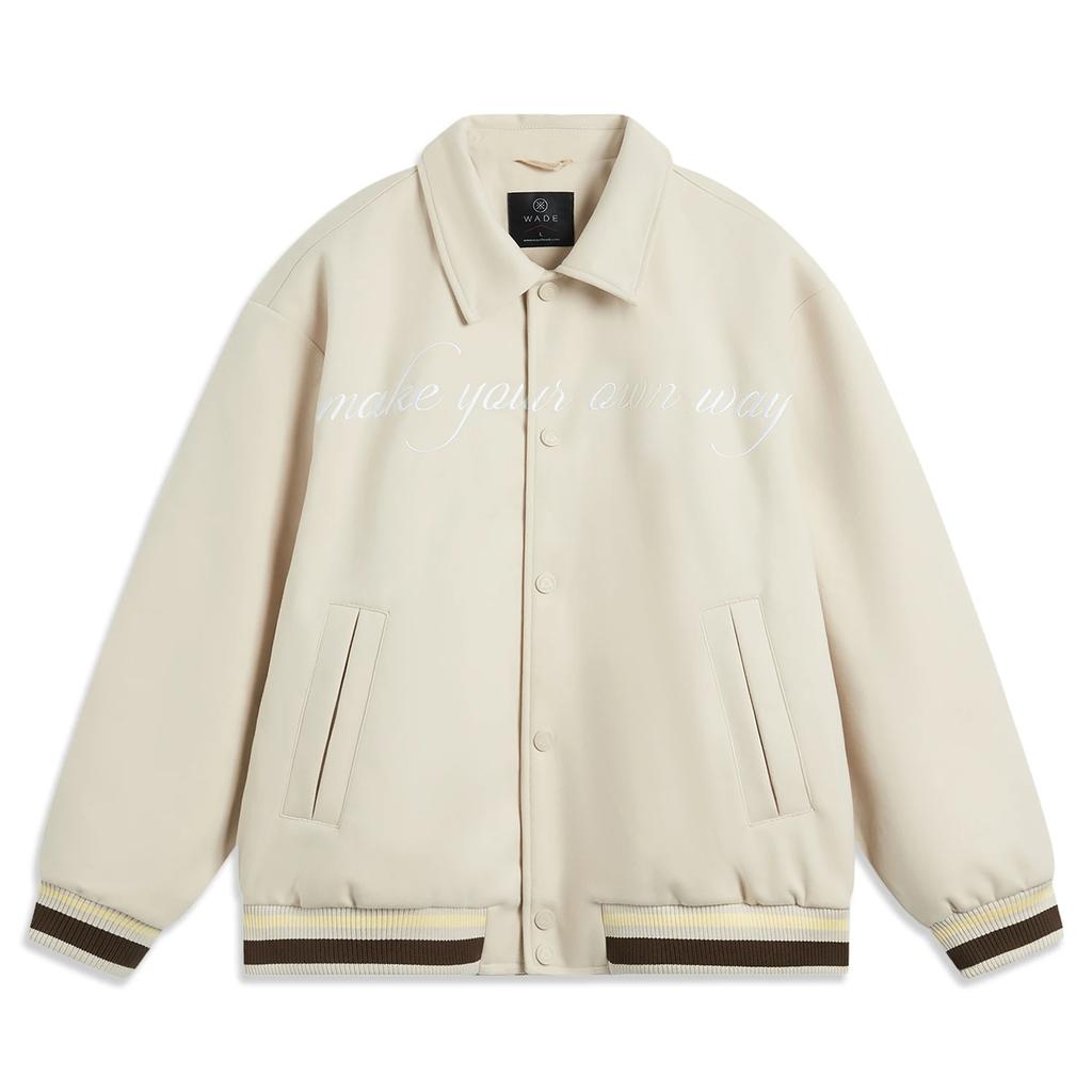Li Ning Wade Series Letter Splicing Single-Breasted Polo Loose Cotton Jacket Men Jackets Oatmeal-Gray AJMU027-4