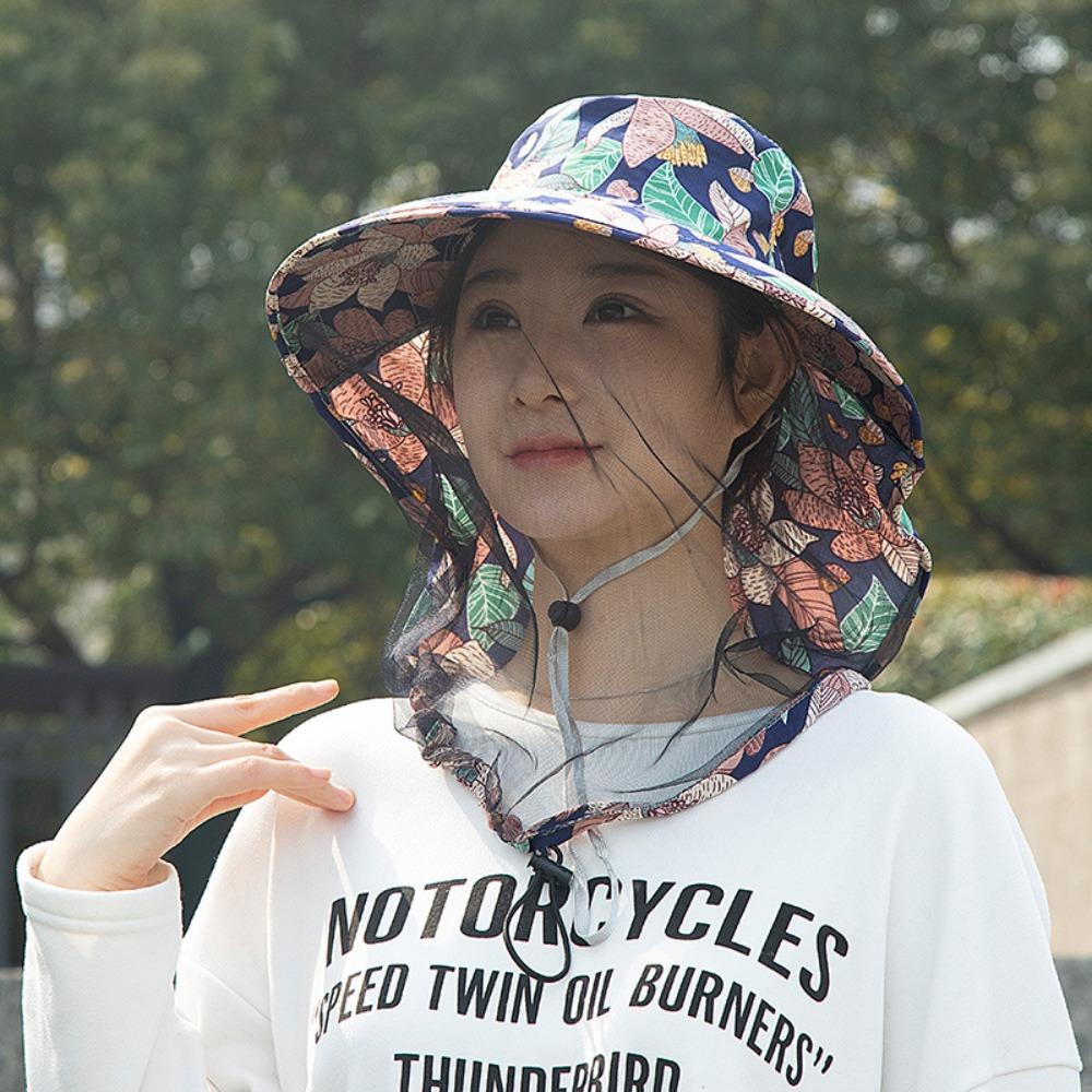 Printing Mesh Tea Picking Hat UV Protection Sunshade Shawl Cap Portable Wide Brim Sun Hat  Fishing