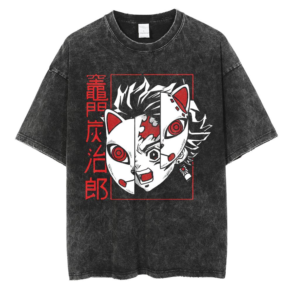 Anime Demon Slayer Rengoku Kyoujurou Print T Shirt Men Women Washed Cotton Tshirts Manga Tee Harajuku Male Casual Loose T-shirt